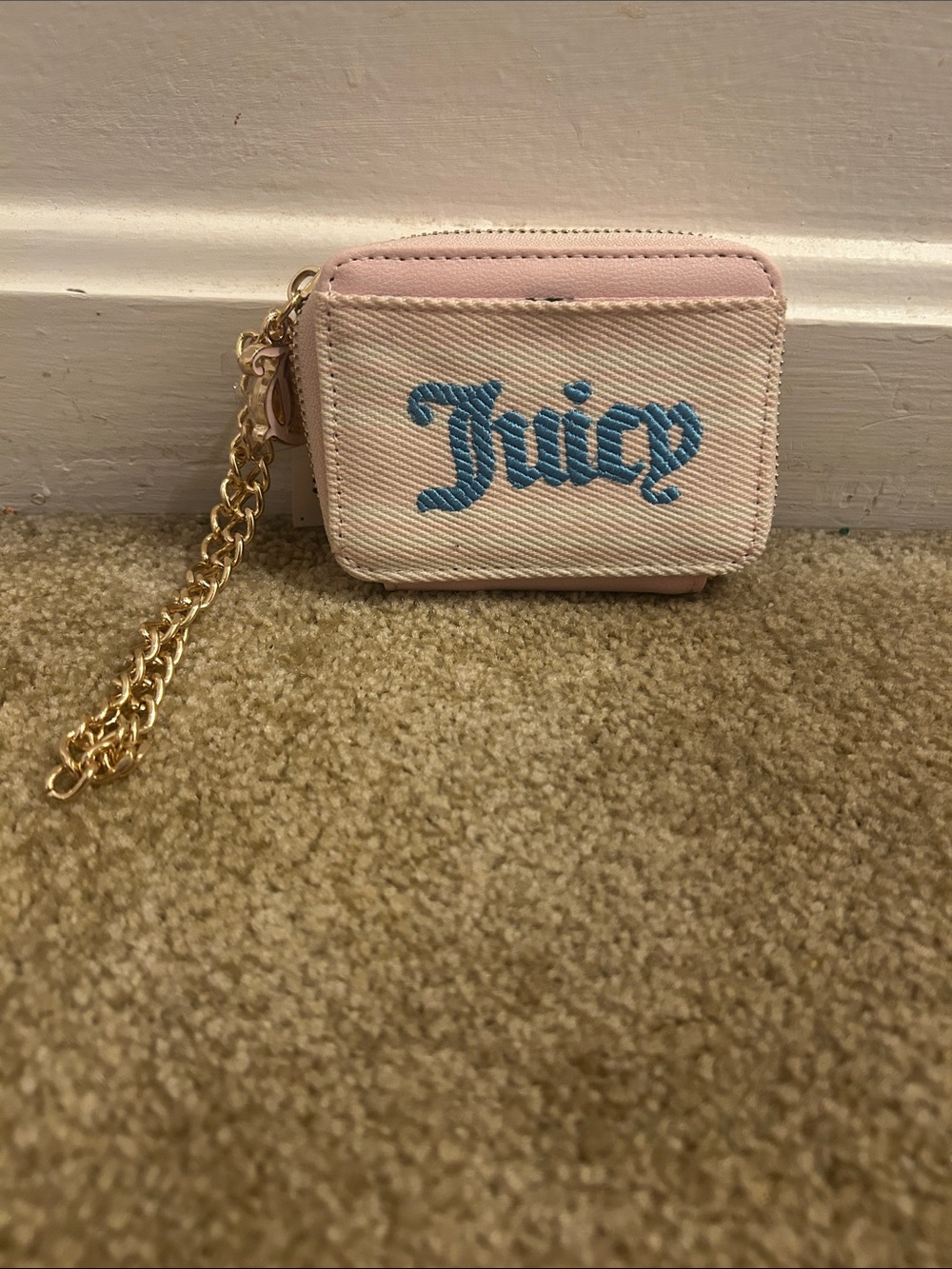 Juicy Couture Light Pink Wallet with Blue Logo and Gold Chain